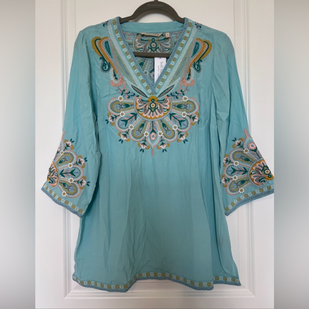 Soft Surroundings Turquoise Embroidered Tunic with Multicolor Accents